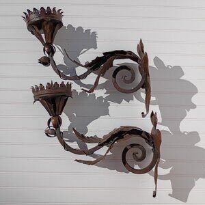 Large Metal Wall Sconces Candelabras Torch Candle Holder Mexican MCM Vtg 16 inch
